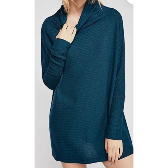 We The Free People Kitty Waffle Knit Thermal teal BOHO Sweater sz S - Picture 1 of 7